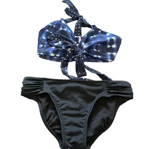 Athleta Bikini Set 32 D/DD Blue Wrap Top Black Small Bikini Bottoms